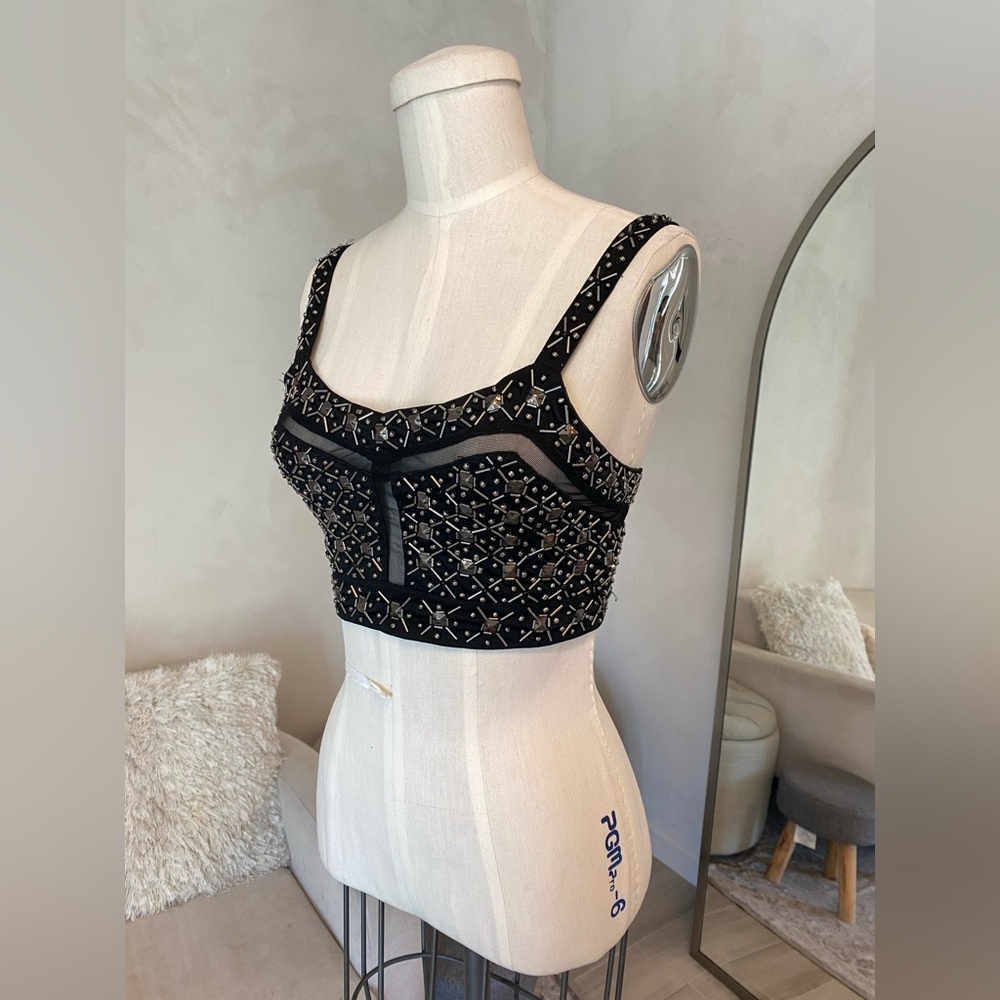 BLACK AND SILVER BEADED CROPPED BRALETTE TOP